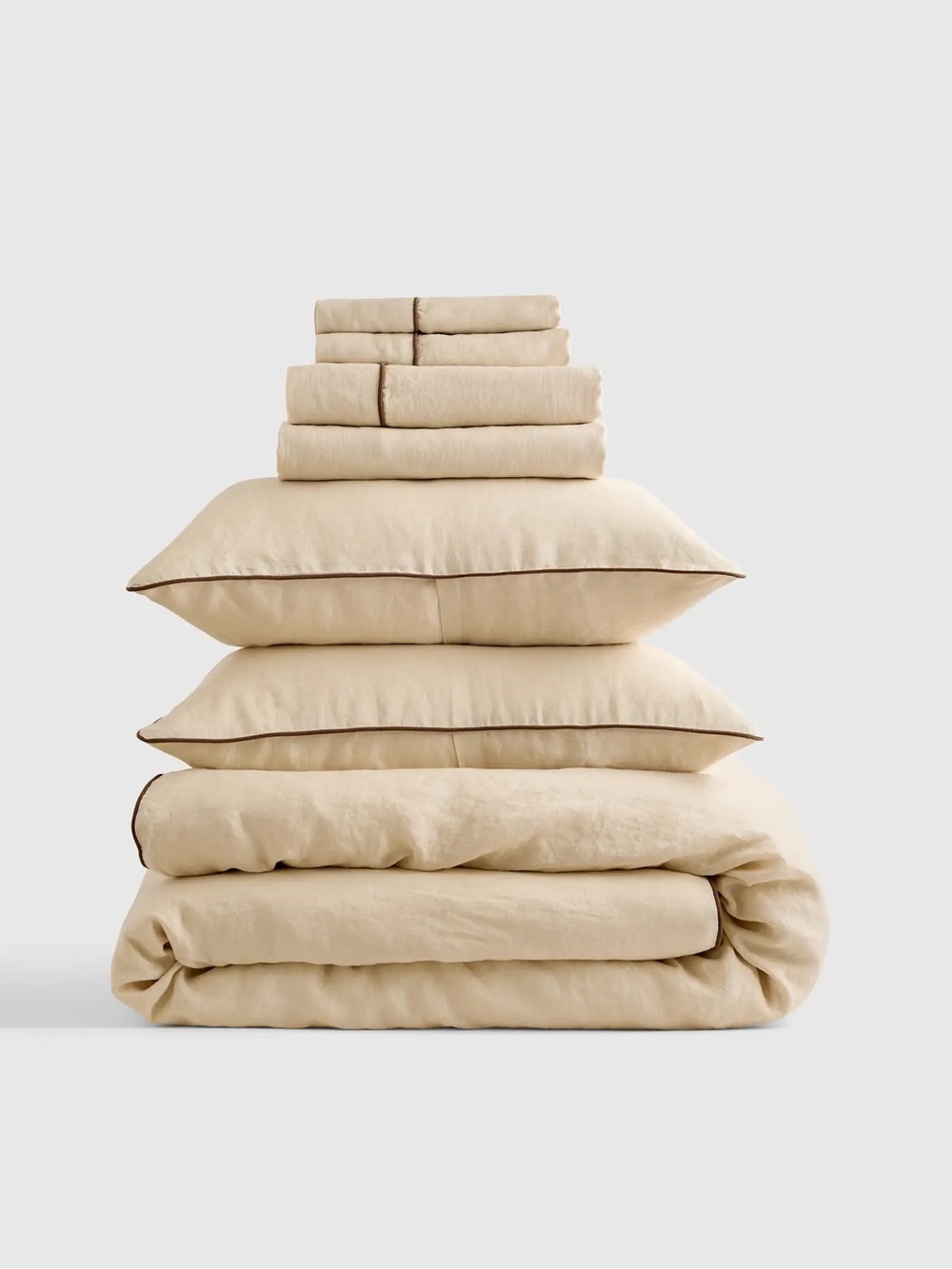 NEW Quince European Linen Piped Deluxe Bedding Bundle KING $315 Oat Espresso